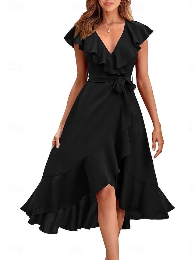 Casual Regular Fit V Neck Short Sleeve Midi Chiffon Dress - Image 2