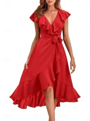 Casual Regular Fit V Neck Short Sleeve Midi Chiffon Dress - Image 4