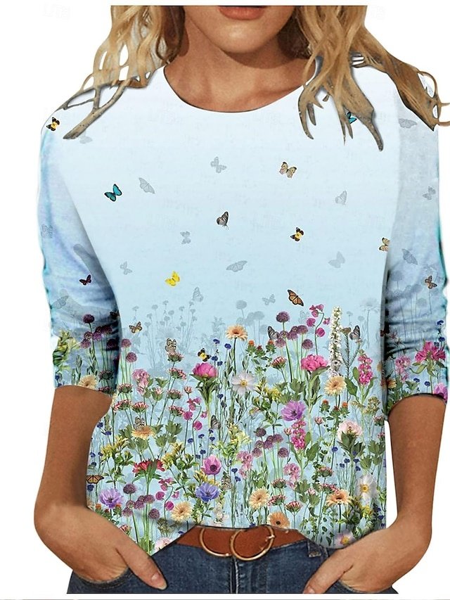 Casual Regular Floral Abstract Painting Round Neck Long Sleeve T-shirt - Image 2