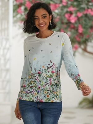 Casual Regular Floral Abstract Painting Round Neck Long Sleeve T-shirt - Image 5