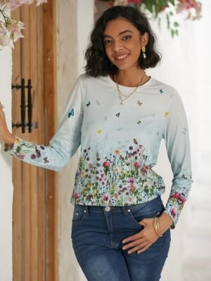 Casual Regular Floral Abstract Painting Round Neck Long Sleeve T-shirt - Image 7