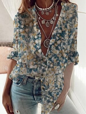 Casual Regular Floral Button Down Long Sleeve Tunic Blouse - Image 1