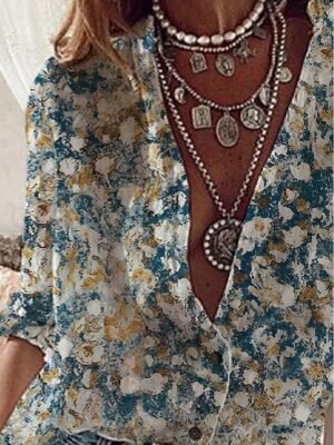 Casual Regular Floral Button Down Long Sleeve Tunic Blouse - Image 2