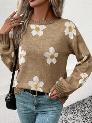 Casual Regular Floral Crew Neck Long Sleeve Knit Jumper - Image 1