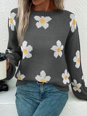Casual Regular Floral Crew Neck Long Sleeve Knit Jumper - Image 10