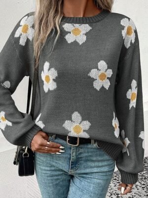 Casual Regular Floral Crew Neck Long Sleeve Knit Jumper - Image 11