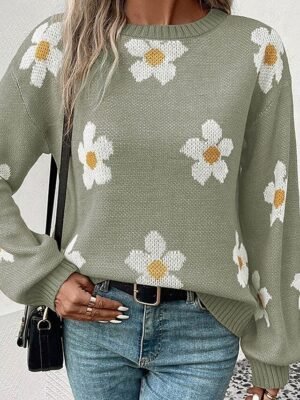 Casual Regular Floral Crew Neck Long Sleeve Knit Jumper - Image 12
