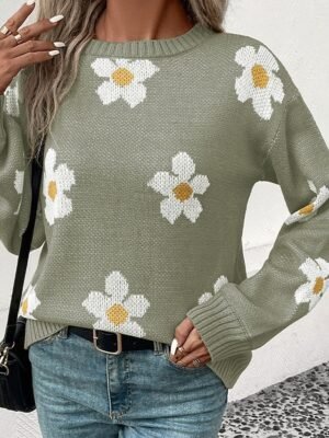 Casual Regular Floral Crew Neck Long Sleeve Knit Jumper - Image 13