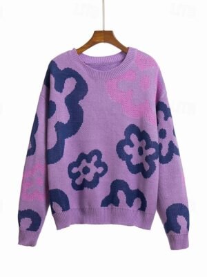 Casual Regular Floral Crew Neck Long Sleeve Knit Pullover - Image 3