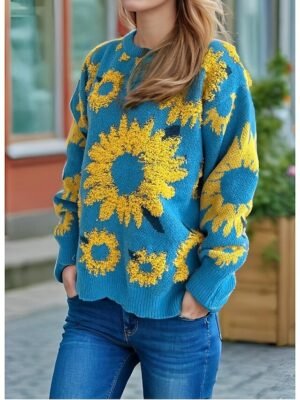 Casual Regular Floral Crew Neck Long Sleeve Knitted Jumper - Image 5