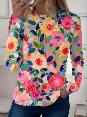 Casual Regular Floral Crew Neck Long Sleeve Tops - Image 7