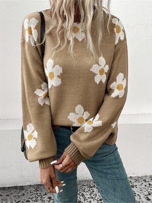 Casual Regular Floral Crew Neck Long Sleeve Knit Jumper - Image 7