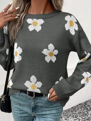Casual Regular Floral Crew Neck Long Sleeve Knit Jumper - Image 9