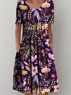 Casual Regular Floral Crew Neck Short Sleeve Midi Dress - Image 4