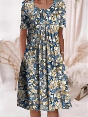 Casual Regular Floral Crew Neck Short Sleeve Midi Dress - Image 9