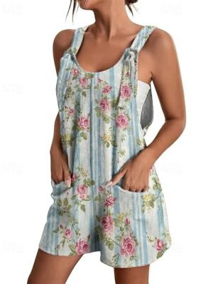 Casual Regular Floral Crew Neck Sleeveless Baggy Shorts Jumpsuit - Image 1