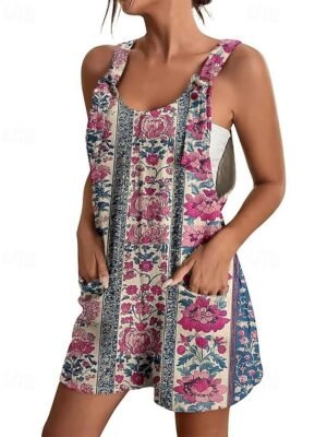 Casual Regular Floral Crew Neck Sleeveless Baggy Shorts Jumpsuit - Image 2
