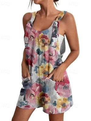 Casual Regular Floral Crew Neck Sleeveless Baggy Shorts Jumpsuit - Image 3