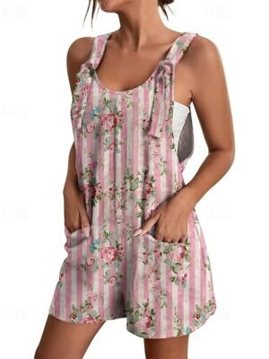 Casual Regular Floral Crew Neck Sleeveless Baggy Shorts Jumpsuit - Image 4