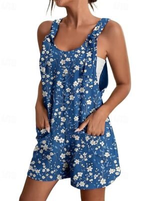 Casual Regular Floral Crew Neck Sleeveless Baggy Shorts Jumpsuit - Image 7