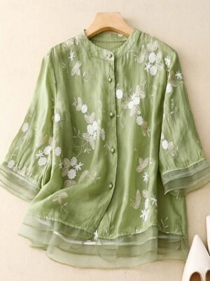 Casual Regular Floral High Neck 3/4 Sleeve Embroidered Top - Image 11