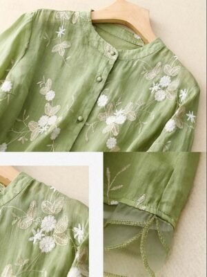 Casual Regular Floral High Neck 3/4 Sleeve Embroidered Top - Image 12