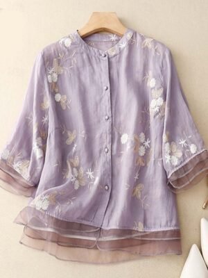 Casual Regular Floral High Neck 3/4 Sleeve Embroidered Top - Image 13
