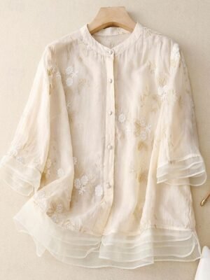 Casual Regular Floral High Neck 3/4 Sleeve Embroidered Top - Image 5