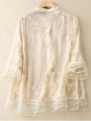 Casual Regular Floral High Neck 3/4 Sleeve Embroidered Top - Image 7