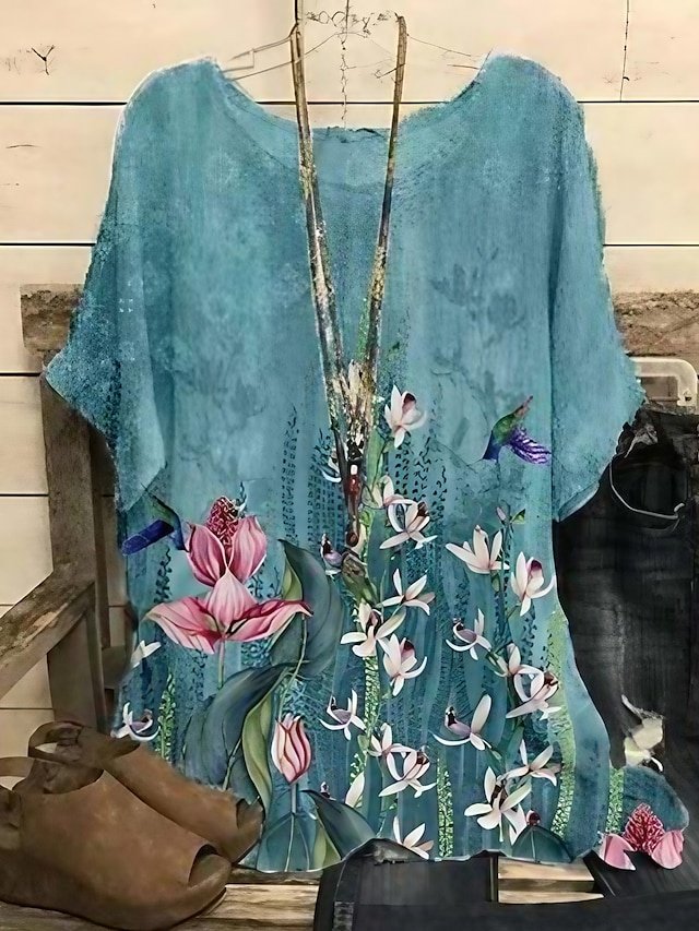 Casual Regular Floral Leaf Print Crew Neck Dolman Sleeve Short Blouse - Image 1