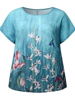 Casual Regular Floral Leaf Print Crew Neck Dolman Sleeve Short Blouse - Image 3