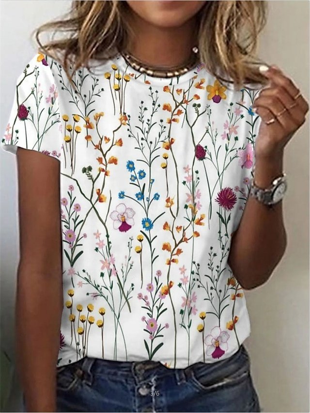 Casual Regular Floral Patchwork Round Neck Short Sleeve Top - Image 1