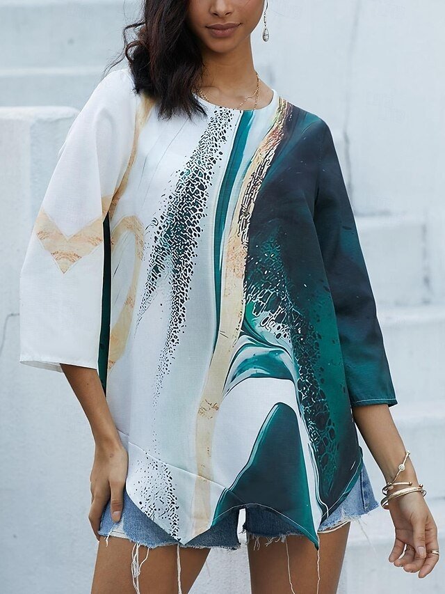 Casual Regular Floral Print Round Neck Long Sleeve Asymmetrical Blouse - Image 2