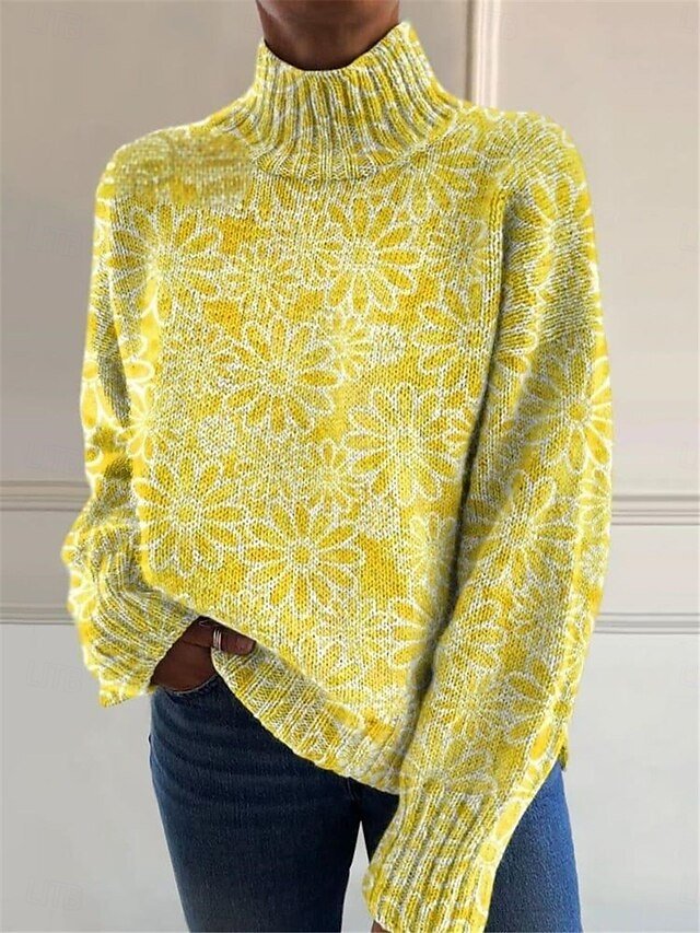 Casual Regular Floral Ribbed Turtleneck Long Sleeve Knit Top - Image 2