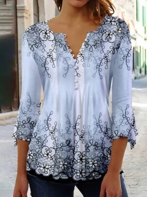 Casual Regular Floral Round Neck 3/4 Sleeve Top - Image 1