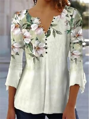 Casual Regular Floral Round Neck 3/4 Sleeve Top - Image 1