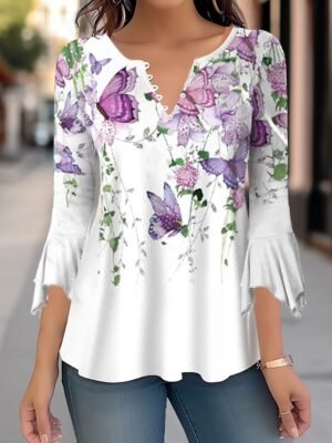 Casual Regular Floral Round Neck 3/4 Sleeve Tops - Image 1