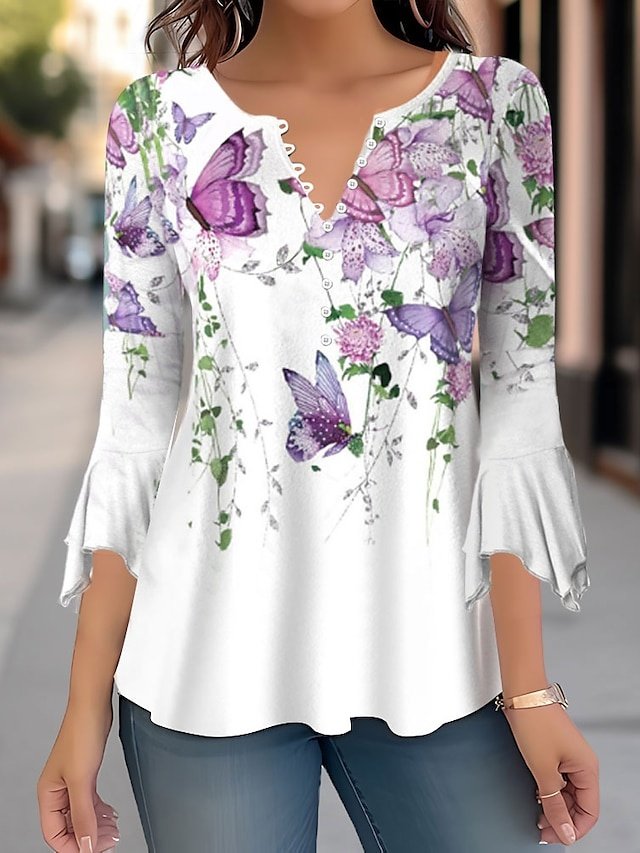 Casual Regular Floral Round Neck 3/4 Sleeve Tops - Image 1