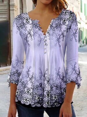 Casual Regular Floral Round Neck 3/4 Sleeve Top - Image 2