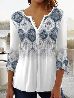 Casual Regular Floral Round Neck 3/4 Sleeve Tops - Image 2