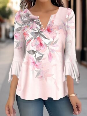 Casual Regular Floral Round Neck 3/4 Sleeve Tops - Image 2