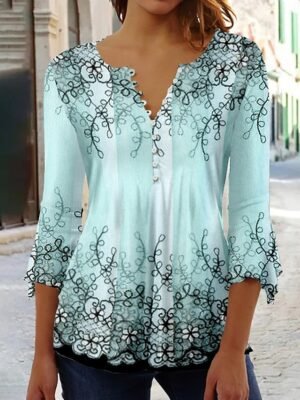 Casual Regular Floral Round Neck 3/4 Sleeve Top - Image 3