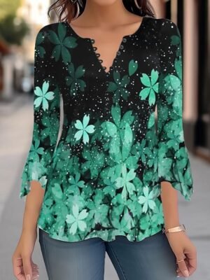 Casual Regular Floral Round Neck 3/4 Sleeve Tops - Image 3