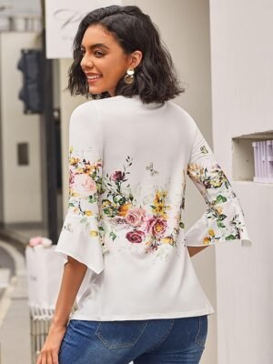 Casual Regular Floral Round Neck 3/4 Sleeve Tops - Image 3