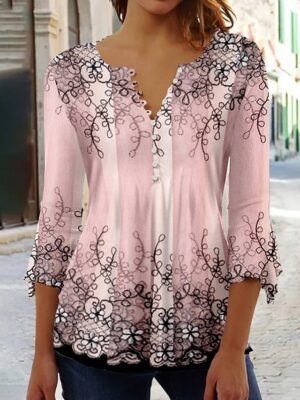 Casual Regular Floral Round Neck 3/4 Sleeve Top - Image 4