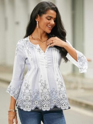 Casual Regular Floral Round Neck 3/4 Sleeve Top - Image 5