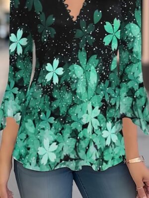 Casual Regular Floral Round Neck 3/4 Sleeve Tops - Image 5