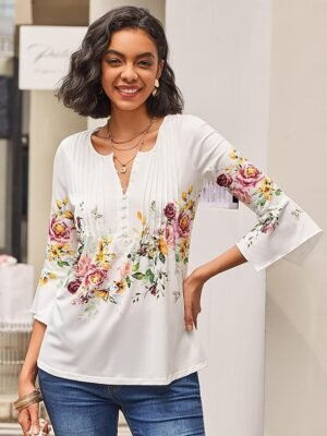 Casual Regular Floral Round Neck 3/4 Sleeve Tops - Image 5