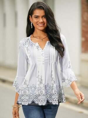 Casual Regular Floral Round Neck 3/4 Sleeve Top - Image 6