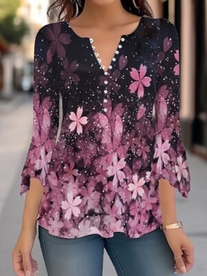 Casual Regular Floral Round Neck 3/4 Sleeve Tops - Image 6